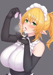 bangs bare_shoulders black_gloves blonde_hair blush breasts condom cum cum_in_mouth cum_on_clothes cum_on_tongue drinking_from_condom elbow_gloves elf etan14 eyebrows_visible_through_hair female frilled_shirt frills gloves green_eyes grey_background highres holding holding_condom large_breasts long_hair looking_at_viewer maid maid_headdress open_mouth original pointy_ears ponytail shirt simple_background sleeveless sleeveless_shirt solo steam tagme tongue tongue_out upper_body used_condom white_shirt