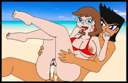 1boy 1girls beach big_areola big_breasts bikini_top blue_eyes bra brown_hair cum cum_in_mouth cum_in_pussy cum_inside cum_on_face ferozyraptor fireside_girls glasses gretchen_(phineas_and_ferb) licking_cum naughty_face nipples_outside original_character phineas_and_ferb sex sex_on_the_beach tongue_out