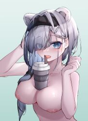 absurdres animal_ears arknights arm_up aurora_(arknights) bangs bear_ears black_hairband blue_eyes blush breasts bubble_tea_challenge collarbone completely_nude cup disposable_cup eyebrows_visible_through_hair eyes_visible_through_hair female female gradient gradient_background green_background hair_ornament hair_over_one_eye hair_over_shoulder hairband hairclip highres large_breasts long_hair looking_at_viewer nude open_mouth qinshi-ji saliva silver_hair solo sweat tongue tongue_out upper_body