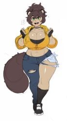 2019 animal_ears big_breasts black_bra breasts brown_hair choker crop_top fingerless_gloves green_eyes hair_bun hoodie midriff ripped_jeans ripped_pants rough_sketch short_hair shortblueimp socks sports_bra tail tanuki tanuki_girl tanuki_leaf tanuki_tail thick_thighs tsudanym tube_socks