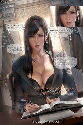 1girls 2022 american_flag artist_signature black_bra black_hair blush boobs bra bra_peek breasts business_suit business_woman cleavage comic_page deep_cleavage dialogue earring english_text female female_boss final_fantasy final_fantasy_vii final_fantasy_vii_remake huge_breasts imminent_masturbation indoors long_hair naughty_face office open_clothes red_eyes sakimichan sitting_at_desk square_enix text thick_lips tifa_lockhart vice_president watermark