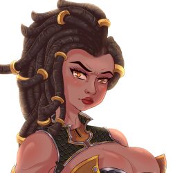 1girls 2d alternate_version_available big_breasts black_hair breasts busty cleavage close-up curvy dark-skinned_female dark_skin dreadlocks eye_contact female female_focus female_only imani_(paladins) jesse_art large_breasts lipstick looking_at_viewer paladins red_lipstick simple_background solo solo_female tagme voluptuous white_background yellow_eyes