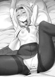 1boy absurdres bed_sheet blush breasts censored clenched_teeth clothes_lift clothing_aside covered_navel eyebrows_visible_through_hair female greyscale hair_intakes hair_ornament hairband highres ijima_yuu kuzuryuu_yaichi long_sleeves looking_at_viewer lying missionary monochrome nipples on_back panties panties_aside pantyhose penis pussy ryuuou_no_oshigoto! sex shirt_lift short_hair small_breasts snowflake_hair_ornament solo_focus sora_ginko straight tearing_up teeth thighband_pantyhose trembling underwear vaginal_penetration