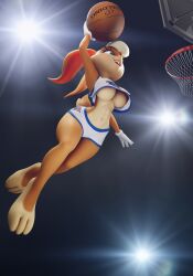 1girls 3d 5:7 absurd_res alternate_breast_size anthro basket_position basketball basketball_(ball) basketball_shorts basketball_uniform batesz blue_eyes breasts female female_focus female_only hi_res lagomorph lagomorph_humanoid large_breasts lola_bunny questionable short_shorts shorts simple_background solo space_jam twitter twitter_link two_tone_fur underboob