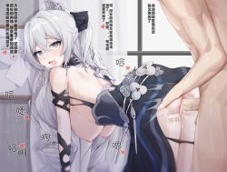 1boy 1girls all_fours ass back bangs bare_back blue_eyes blush breasts bronya_zaychik captain_(honkai_impact) clothed_female_nude_male clothed_sex doggy_style dress female grey_hair highres honkai_(series) honkai_impact_3rd indoors large_breasts light-skinned_female light-skinned_male light_skin long_hair looking_at_viewer nipples nude open_mouth penis pussy sex solo_focus straight translation_request vaginal_penetration wood_cube