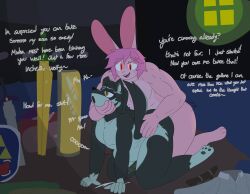 absurd_res anthro black_body black_fur bodily_fluids canid canine canis cum dialogue fur genital_fluids hi_res lagomorph leporid link link_(rabbit_form) linkcest male mammal muscular muscular_male nintendo no_humans outside pink_body pink_fur rabbit stareostar text the_legend_of_zelda twilight_princess video_games wolf wolf_link