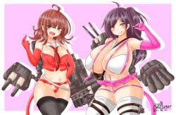 ahoge arashi_(kantai_collection) ayazumi_flutter bare_shoulders black_legwear bra breasts brown_eyes brown_hair cannon curvy elbow_gloves female female_focus gigantic_breasts gloves hagikaze_(kantai_collection) kantai_collection long_hair looking_at_viewer miniskirt navel open_mouth panties pink_eyes pink_gloves red_gloves revealing_clothes simple_background skirt smile solo standing thick_thighs thighhighs thighs underwear weapon white_legwear white_panties wide_hips