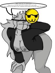 barely_clothed bent_over big_breasts black_jacket breasts dialogue female gray_hair grey_skin hand_behind_head hand_on_knee horny jacket leather_jacket lines_on_face madness_combat mask masked masked_female nipples no_face original_character teasing thighs traced uwu waiting yellow_mask