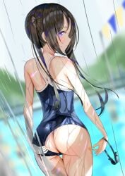 1girls ass back bangs black_hair black_swimsuit blurry blurry_background bunting butt_crack character_request closed_mouth clothes_pull commentary_request eyebrows_visible_through_hair female female_only goggles goggles_removed grey_sky highres long_hair looking_at_viewer looking_back mountain one-piece_swimsuit original pool poolside purple_eyes sakura_yuu_(hzjy8485) school_swimsuit school_uniform shoulder_blades sidelocks solo standing swimsuit swimsuit_pull twintails wet