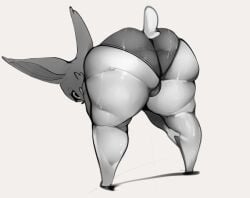 anthro ass barely_visible_genitalia barely_visible_pussy big_butt canid canine female fox foxialewd genitals huge_butt huge_hips huge_thighs looking_at_viewer mammal monochrome pussy solo stretching thick_thighs wide_hips