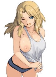 alternate_costume blonde_hair blue_eyes breasts female girls_und_panzer grey_tank_top groin hair_intakes highres inverted_nipples kay_(girls_und_panzer) large_breasts leaning_forward long_hair looking_at_viewer micro_shorts nipples no_pants one_breast_out one_eye_closed onsen_tamago_(hs_egg) self_exposure shorts smile solo tank_top