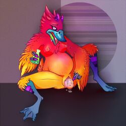 anatid anseriform anthro avian belly big_belly bird bodily_fluids bodily_fluids_from_pussy concerned drooling duck egg egg_laying erect_nipples feathers female female_only gasping gettingeggywithit hi_res horn membrane_(anatomy) monster nipples potion potion_bottle saliva simple_background solo solo_female spread_legs spreading stretching_pussy webbed_feet