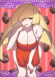 1girls alternate_breast_size apron big_breasts blonde_hair curvy detailed_background female female_only game_freak green_eyes large_breasts legs light-skinned_female light_skin long_hair lusamine_(pokemon) milf mother naked_apron open_mouth pokemon pokemon_sm red_apron smile solo solo_female thighs urokozame valentine's_day