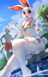 1boy 1girls 2021 anthro artist_name beastars belly_button bikini black_nose blue_body blue_sky blush breast bunny_ears bunny_tail bushes clouds eyebrows eyelashes feet_in_water female furry furry_female furry_male furry_only grey_body haru_(beastars) holding_ice_cream ice_cream lagomorph lagomorph_humanoid legoshi_(beastars) looking_at_partner male mammal mammal_humanoid open_mouth palm_tree panties patreon patreon_logo patreon_username pool pussy_visible_through_clothes rabbit rabbit_humanoid sitting skeleion sky small_breasts spoon sprinkles suprised swimming_pool swimming_trunks swimwear tagme tail tail_wagging tree underboob water white_body white_sclera