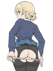 1girls absurdres ass ass_cleavage ass_cutout black_legwear blonde_hair blue_eyes blue_skirt blue_sweater braid butt_crack clothes_lift clothing_cutout cowboy_shot darjeeling dress_shirt female female_only from_behind girls_und_panzer highres lace-trimmed_panties lace_trim long_sleeves looking_at_viewer looking_back miniskirt onsen_tamago_(hs_egg) panties panties_over_pantyhose panty_pull pantyhose pink_panties pleated_skirt pulled_by_self school_uniform shirt short_hair side_cutout simple_background skirt skirt_lift solo st._gloriana's_school_uniform standing sweater thighband_pantyhose tied_hair twin_braids underwear white_background white_shirt