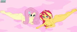 2girls ass barefoot big_breasts blush breasts color colored dimples_of_venus duo embarrassed embarrassed_nude_female equestria_girls female female_only fluttershy_(mlp) friendship_is_magic hasbro hi_res highres legs looking_at_viewer my_little_pony nude nude_female simple_background straight_hair sunset_shimmer tagme thighs uzzi-ponydubberx