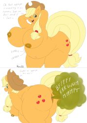 absurd_res anthro anthrofied anus applejack_(mlp) ass big_breasts big_butt blonde_hair blush bouncing_breasts breasts clothing cowboy_hat cutie_mark earth_pony english_text equid equine eyelashes fart fart_cloud fart_fetish female flat_colors freckles friendship_is_magic green_eyes hair hasbro hat headgear headwear hi_res horse imaranx mammal my_little_pony navel navel_piercing nipple_piercing nipples nude one_eye_closed onomatopoeia open_mouth open_smile overweight overweight_anthro overweight_female piercing pony pose raised_tail smile sound_effects straight_hair text yellow_tail