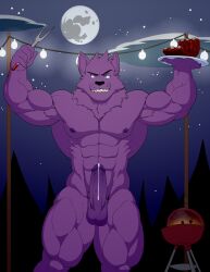 anthro bernard_(ok_k.o.!_lbh) bodily_fluids boner caine canid canine canis cartoon_network cum cum_drip detailed_background dripping erection food full_moon fur furry genital_fluids genitals genjipan hi_res male male_focus male_only mammal meat moon muscular muscular_male nipples nude ok_k.o.!_let's_be_heroes penis purple_body purple_fur solo solo_male were werecanid werecanine werewolf wolf