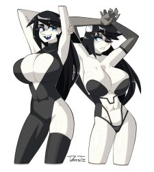 armpits arms_above_head arms_up black_hair blue_eyes bodysuit breasts choker cleavage cleavage_cutout daminite_(artist) ear_piercing earrings freckles freckles_on_chest freckles_on_hips gloves large_breasts long_hair looking_at_viewer navel original piercing sharp_teeth single_thighhigh standing tagme thick_thighs tide_(daminite)