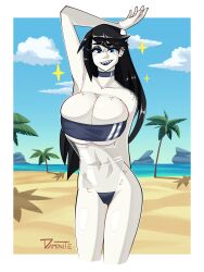 armpits beach black_hair blue_eyes breasts choker cleavage daminite_(artist) ear_piercing earrings freckles freckles_on_chest freckles_on_hips gris_swimsuit large_breasts long_hair looking_at_viewer navel one_arm_up original piercing sharp_teeth swimsuit tagme tide_(daminite)