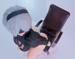 1boy 1girls 3d ass aswababa big_ass blindfold breasts chair clothing female giantess hairband light-skinned_female light_skin macro male nier nier:_automata shrunk shrunken_male size_difference smaller_male white_background white_hair yorha_2b yorha_9s