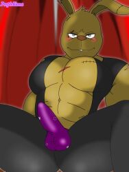1boy anthro blush dick erection erection_under_clothes five_nights_at_freddy's fnaf fur gay green_body kumabear357 looking_at_viewer male male_only muscles pecs penis rabbit scar_on_chest solo solo_focus solo_male springtrap springtrap_(fnaf) suit