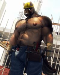 2022 4:5 abs anthro armor beard biceps body_hair bottomwear canid canine canis chest_hair clothed clothing deltoids denim denim_clothing domestic_dog dream_and_nightmare facial_hair furgonomics genitals german_shepherd gloves hammer handwear happy_trail hard_hat headgear helmet herding_dog hi_res jeans male mammal muscular muscular_male navel nipples open_bottomwear open_clothing open_pants pants pastoral_dog pecs penis penis_base solo tool_belt tools topless underwear