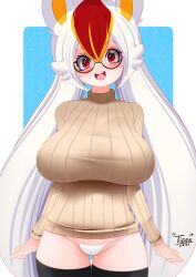 1girls animal_ears black_legwear breasts bunny_ears bunny_girl cinderace clenched_hands female glasses hair_between_eyes humanized impossible_clothes impossible_sweater large_breasts long_hair looking_at_viewer multicolored_hair open_mouth panties personification pokemon red_eyes smile solo sweater thigh_gap thighhighs tiger1001 turtleneck twintails underwear very_long_hair white_panties