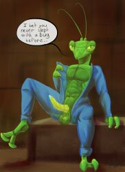 animal_humanoid anthro artdemonslair arthropod arthropod_humanoid balls clothed clothing english_text erection genitals hi_res humanoid insect_humanoid insects looking_at_viewer male mantis mantis_humanoid partially_clothed penis raised_leg simple_background sitting solo spread_legs spreading text