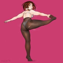 bra k-on! keigi_(artist) looking_back no_shoes panties pantyhose simple_background standing_on_one_leg steam sweat tiptoes torn_pantyhose yui_hirasawa_(k-on!)