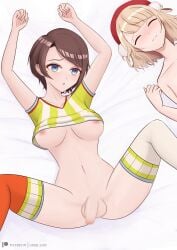 1futa 1girls blue_eyes bottomless breasts brown_hair censor_bar censored clothed clothed_female clothing detailed_background duo embarrassed female flaccid functionally_nude futa_focus futanari gibb_san hololive human indie_virtual_youtuber light-skinned_female light-skinned_futanari light_skin looking_at_viewer medium_breasts mostly_nude mother_and_daughter nipples on_back oozora_subaru shigure_ui shigure_ui_(vtuber) small_penis virtual_youtuber