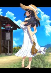 barefoot black_hair bus_stop grass holding_shoes large_breasts red_eyes sandals sandals_removed sandwichworks shoes_removed smile straw_hat sundress sunflower takarasagashi_no_natsuyasumi white_dress