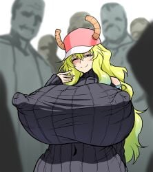 ahemaru baseball_cap breasts clothed clothing dragon_girl dragon_horns erect_nipples erect_nipples_under_clothes female female_only gigantic_breasts green_hair horn horns huge_breasts long_hair mature_female milf miss_kobayashi's_dragon_maid nipple_bulge nipples nipples_visible_through_clothing public quetzalcoatl_(dragon_maid) sweater top_heavy wink