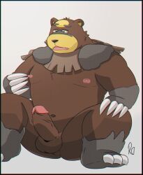 2022 anthro balls bara black_nose brown_body erection genitals hi_res humanoid_genitalia humanoid_penis male male_only mammal navel nintendo nipples penis pokémon_(species) pokemon pokemon_legends:_arceus ragnadope simple_background sitting slightly_chubby solo ursaluna ursid video_games