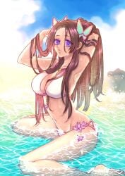 arms_up beach big_breasts bikini butterfly butterfly_hair_ornament cleavage dark_hair demon_slayer detailed_background female female_only kimetsu_no_yaiba kochou_kanae long_hair looking_at_viewer ocean partially_submerged purple_eyes sitting solo swimsuit wariza water wet wet_hair wet_skin white_bikini