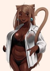 1girls absurdres animal_ears big_breasts black_bra black_panties bra bra_visible_through_clothes breasts brown-haired_catgirl_(kevbot) cat_ears cat_girl cat_tail catgirl commentary cropped_legs dark-skinned_female dark_skin earrings english_commentary fang female female_only highres jewelry kevbot large_breasts long_hair open_clothes open_mouth open_shirt original panties smile solo tail thick_thighs thighs unbuttoned unbuttoned_shirt underwear