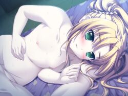 1boy alpha_(yukai_na_nakamatachi) bangs bed_sheet blonde_hair blush braid breasts censored collarbone completely_nude eyebrows_visible_through_hair female game_cg green_eyes hair_intakes kuribayashi_hatoko long_hair looking_at_viewer lying mosaic_censoring nipples nude okiba_ga_nai! on_side open_mouth small_breasts solo_focus twintails