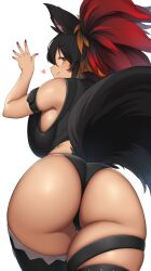 absurdres animal_ears ass ass_focus back big_ass black_hair curvy female highres huge_ass looking_back multicolored_hair nail_polish original panties red_hair solo suruga_(xsurugax) tail thick_thighs thighhighs thighs underwear white_background yellow_eyes