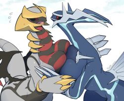 2girls anthro black_sclera blush breast_press breasts breasts_to_breasts dialga eye_contact female female_only giratina mammal nintendo pokémon_(species) pokemon pokemon_(species) red_eyes simple_background very_high_resolution white_background yuio