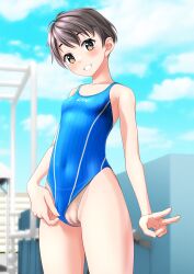 absurdres beige_panties black_hair blue_sky blue_swimsuit blurry blurry_background breasts brown_eyes cameltoe clothes_writing clothing_aside cloud commentary_request competition_swimsuit covered_navel cowboy_shot female female grin highleg highleg_swimsuit highres one-piece_swimsuit original panties_under_swimsuit short_hair sky small_breasts smile solo striped striped_swimsuit swimsuit swimsuit_aside takafumi v