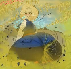 android_18 ass big_ass big_butt blonde_hair dragon_ball dragon_ball_z facefart facesitting fart fart_cloud fart_fetish farting female female_focus future_gohan melissaalli son_gohan sweat