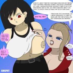 2girls age_difference areolae big_breasts black_hair blonde_female blonde_hair blue_eyes breast_envy breast_sucking_envy breasts curvy_body dialogue dubious_consent final_fantasy final_fantasy_vii ginspot huge_breasts imminent_breast_sucking large_breasts lezdom long_hair milf multiple_girls nipple red_eyes scarlet_(ffvii) shirt_lift size_talk text thick_thighs tifa_lockhart young_woman young_woman_and_milf yuri