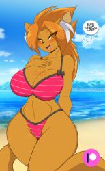 1girls 2019 anthro beach big_breasts blush breasts chica_(mastergodai) cleavage ear_tuft feline female female_only furry knuckle_up! looking_at_viewer lynx mastergodai rascals solo speech_bubble swimsuit text thick_thighs voluptuous wide_hips