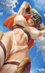 abs armwear bethesda_softworks clouds fur_armor iron_helmet muscular_female orange_hair simple_background sky_background skyrim the_elder_scrolls thighhighs underbust_belt white_lingerie white_thong