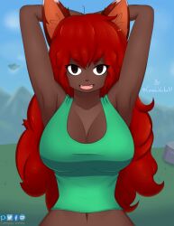 cleavage complex_vortex female female_only fox_ears green_shirt hands_above_head red_hair shirt solo terraria zoologist_(terraria)