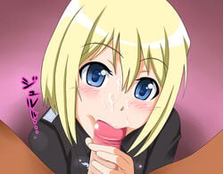 1girls blonde_hair blush censored clothing cum erica_hartmann fellatio hyukki oral oral_sex penis strike_witches translation_request world_witches_series