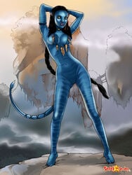 1girls alien alien_girl alien_only avatar black_hair blue_skin braid breasts facial_markings female long_hair looking_at_viewer markings na'vi neytiri nipples nude pointy_ears pussy sinful_comics solo spotted_markings striped_skin tail uncensored yellow_eyes