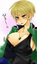 1boy 1girls axis_powers_hetalia beige_skin blonde_female blonde_hair blue_eyes blush breasts breasts_exposed breasts_out clothes color cross erect_nipples exposed_breasts female genderswap_(mtf) germany_(hetalia) gilbert_weillschmidt gloves hair human japanese_text large_breasts military_uniform necklace nipple_slip nipples no_bra nyo!germany nyotalia open_eyes prussia_(hetalia) pulling_clothing pulling_shirt round_ears rule_63 shirt_grab short_hair short_hair_female sweat sweatdrop tank_top text translation_request uniform