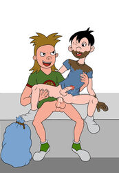 2boys anal anal_penetration anal_sex black_hair bottomless brown_hair chocolate_boy chocolate_on_face chocolate_on_hand cum cum_in_ass cum_while_penetrated duffle_bag hey_arnold! human legs_held_open looking_at_partner male_only naughty_face nickelodeon one_eye_closed penis penis_size_difference pleasure_face reverse_cowgirl_position seamaster sex sitting sitting_on_penis spread_legs testicles toony white_background wolfgang_(hey_arnold)