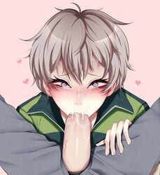 2boys absurdres blue_eyes blush cum cum_in_mouth eyelashes face fellatio femboy gomi-cake grey_hair heart heart-shaped_pupils highres jacket looking_at_viewer multiple_boys my_teen_romantic_comedy_snafu nose_blush oral penis short_hair symbol-shaped_pupils tears totsuka_saika track_jacket uncensored yaoi